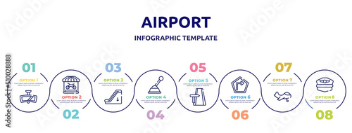 airport concept infographic design template. included rear-view mirror, bike shop, or down, gearshift, road trip, right, small plane, pilot hat icons and 8 option or steps.