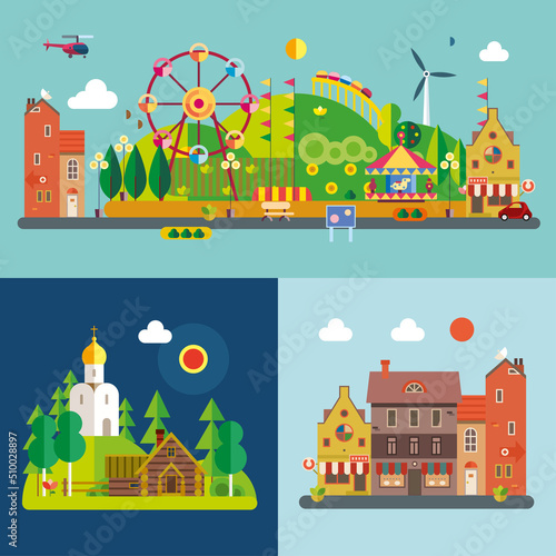 Modern flat design conceptual illustration. Amusement park, village and small town.