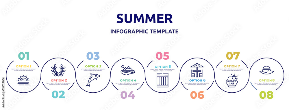Obraz premium summer concept infographic design template. included sun at sea, wreath, dolphin on water waves, lake, air mattress, terrace, summer sale, pamela hat icons and 8 option or steps.
