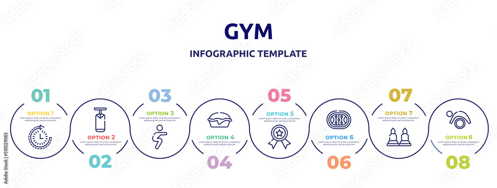 gym concept infographic design template. included routine, boxing bag, squats, pies, first prize, hockey arena, munition, pilates icons and 8 option or steps. gym concept infographic design template. included routine, boxing bag, squats, pies, first prize, hockey arena, munition, pilates icons and 8 option or steps.