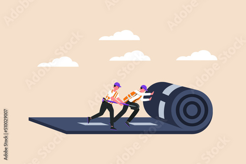 Road construction workers is is laying new asphalt road pavement. Road and building construction concept. Flat vector illustration isolated.