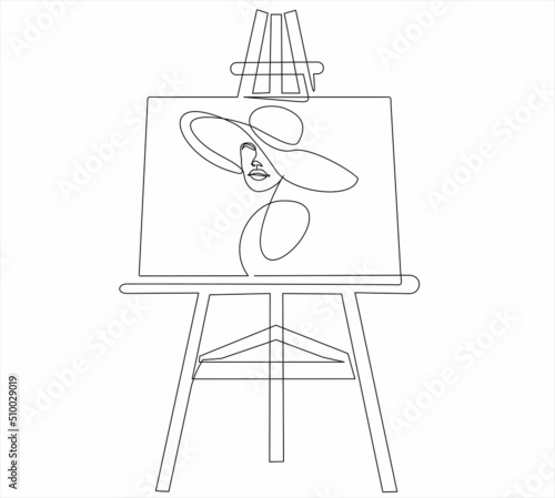 Easel on which a beautiful woman is drawn in continuous one line drawing. Simple outline style.