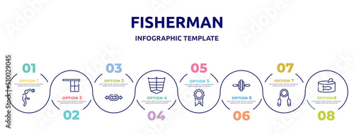 fisherman concept infographic design template. included head hitting, offside, swiss bar, abs, first place, electric unicycle, handgrip, tuna can icons and 8 option or steps.