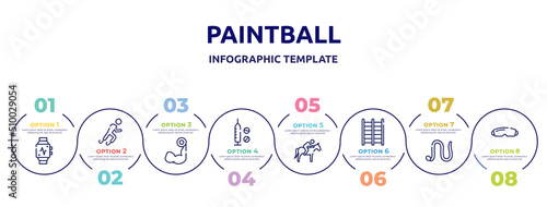 paintball concept infographic design template. included pulsometer, paralympics, biceps curl, doping, horse riding, trellis, earthworm, goggle icons and 8 option or steps.