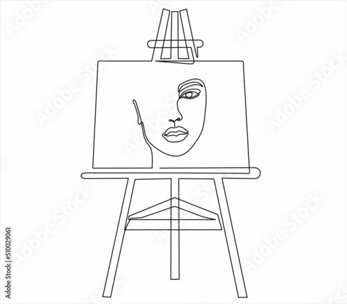 Easel on which a beautiful woman is drawn in continuous one line drawing. Simple outline style.