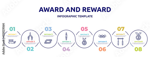 award and reward concept infographic design template. included fishing boat, bicycle fork, race track, fitness watch, second place, rings, horizontal bar, bronze icons and 8 option or steps.