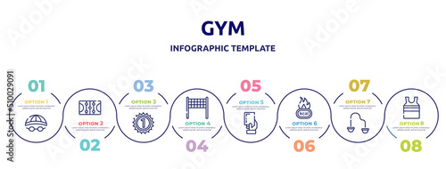 gym concept infographic design template. included swimming hat, ice court, number one, volleyball net, yellow card, calories, resistance band, tanktop icons and 8 option or steps.