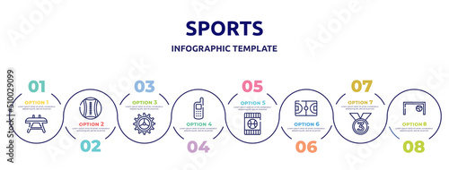sports concept infographic design template. included vaulting horse, medicine ball, crank, variometer, blue card, basketball field, third place, football goal icons and 8 option or steps.