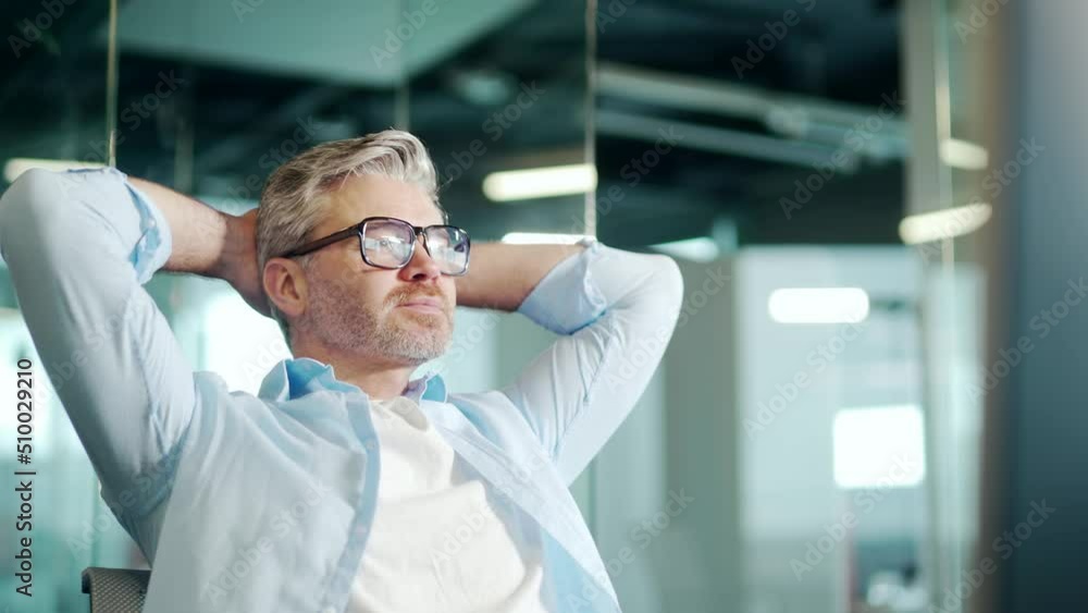 Mature Employee job done Satisfied office worker leaning back businessman relaxing after hard working day finished project on computer stretching at workplace happy ceo eyes closed taking pause Mature Employee job done Satisfied office worker leaning back businessman relaxing after hard working day finished project on computer stretching at workplace happy ceo eyes closed taking pause