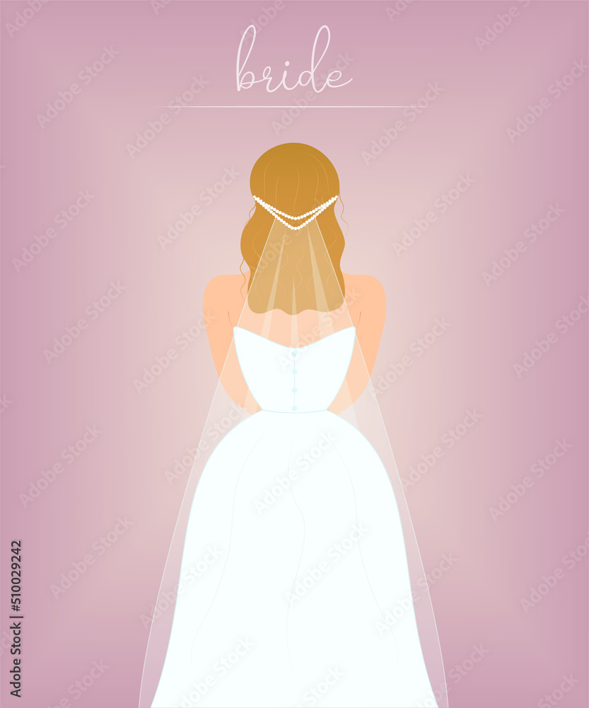 Beautiful bride in wedding dress and bridal veil, rear view. Tender flat vector illustration Beautiful bride in wedding dress and bridal veil, rear view. Tender flat vector illustration