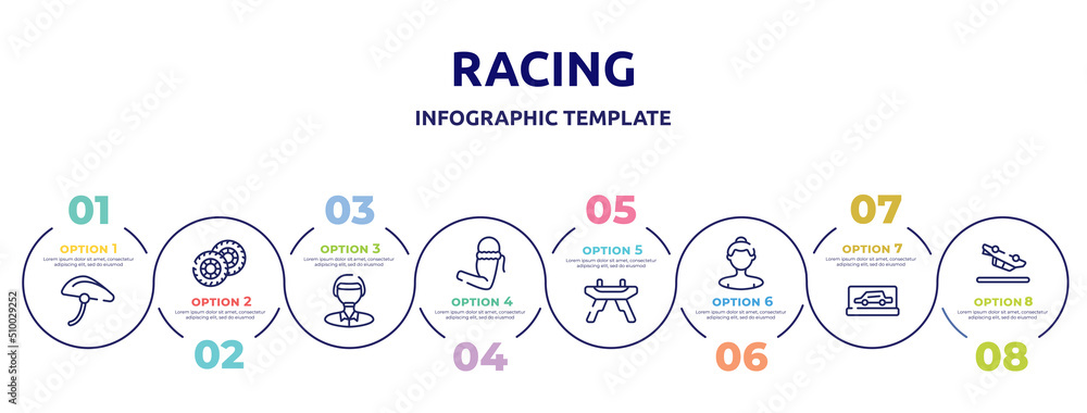 racing concept infographic design template. included bike helmet, pit, polo player, armband, pommel horse, null, backup car, null icons and 8 option or steps. racing concept infographic design template. included bike helmet, pit, polo player, armband, pommel horse, null, backup car, null icons and 8 option or steps.