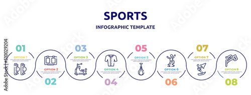 sports concept infographic design template. included elbow pads, score board, gym station, baseball jersey, speed bag, powerbocking, kitesurf, checkered flag icons and 8 option or steps.