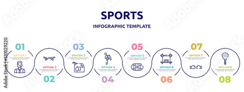 sports concept infographic design template. included drivers, longboard, oil down, ritual, arena, bench press, punching, padel icons and 8 option or steps.