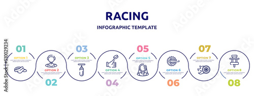racing concept infographic design template. included visor, waterpolo player, sand bag, coin toss, fencer, crank, burnout, paddock icons and 8 option or steps.