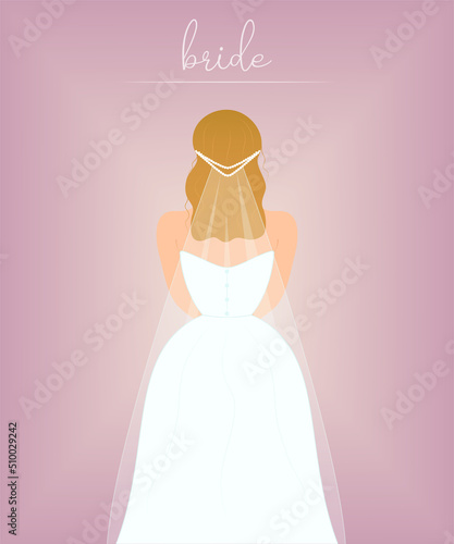 Beautiful bride in wedding dress and bridal veil, rear view. Tender flat vector illustration