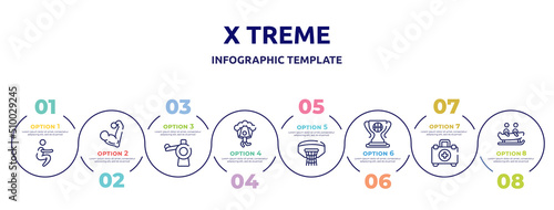 x treme concept infographic design template. included squat, muscular, pitching hine, skydiving, basketball hoop, champ, emergencies, bobsledding icons and 8 option or steps.