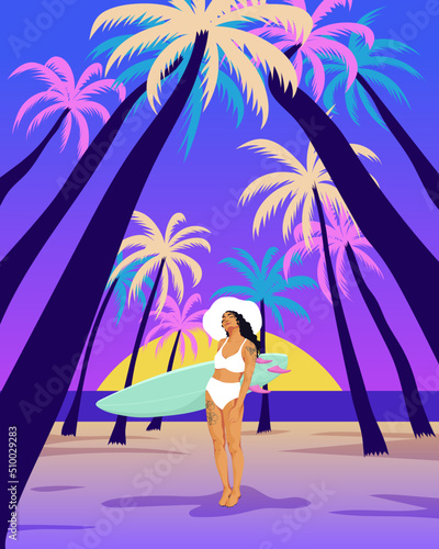 Young woman in swimsuit holding surfboard on tropical island beach 