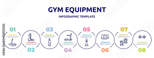 gym equipment concept infographic design template. included puck, boxing shoe, isotonic, cardio, chesspiece, push up, null, barbell icons and 8 option or steps.