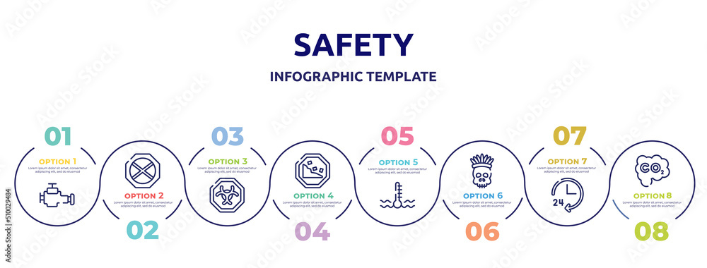 safety concept infographic design template. included malfunction indicador, no waiting, biological hazard, falling rocks, engine coolant, native american skull, 24 hours service, carbon monoxide safety concept infographic design template. included malfunction indicador, no waiting, biological hazard, falling rocks, engine coolant, native american skull, 24 hours service, carbon monoxide
