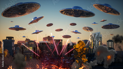Fotografia, Obraz attack of flying alien ufo saucers on the city 3d render