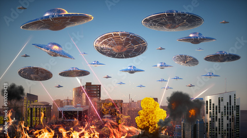 Valokuva attack of flying alien ufo saucers on the city 3d render
