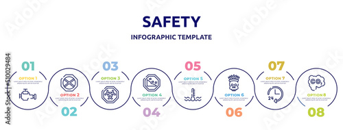 safety concept infographic design template. included malfunction indicador, no waiting, biological hazard, falling rocks, engine coolant, native american skull, 24 hours service, carbon monoxide