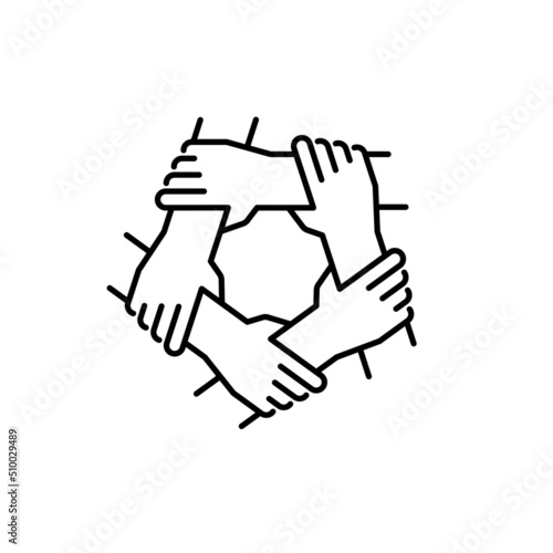 Unity and teamwork icon. Togetherness and cooperation concept. Helping hand symbol. Group of five people holding arms.