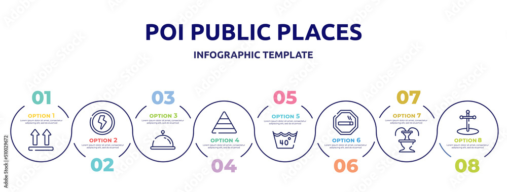 poi public places concept infographic design template. included lift, shock, tray with cover, pyramidal structure, 40 degree laundry, smoke zone, fountain, cross stuck in ground icons and 8 option