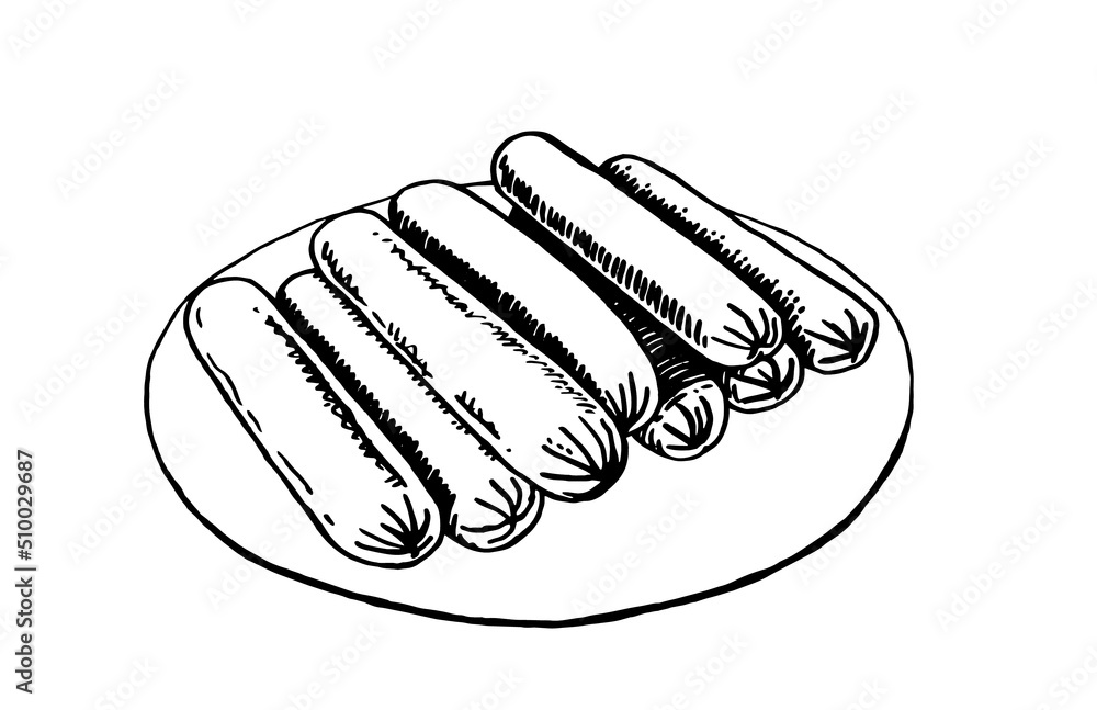 Vector hand-drawn sausages on the plate isolated on white, fast food Vector hand-drawn sausages on the plate isolated on white, fast food
