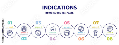 indications concept infographic design template. included p inside a circle, site seeing place, throw to the bin, motorbike riding, hunting zone, no diving, tracking, school bus stop icons and 8