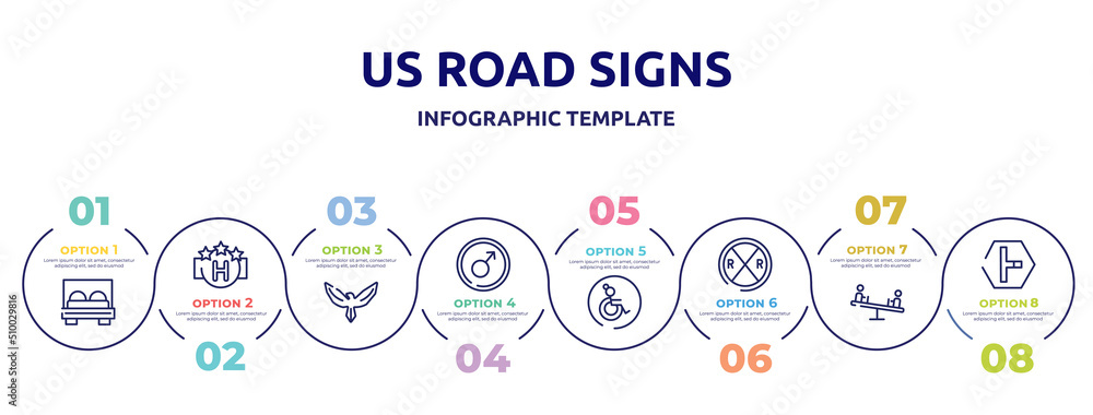 us road signs concept infographic design template. included bed, square hotel, hawk, men, wheelchair side view, railroad crossing, children on teeter totter, t junction icons and 8 option or steps.