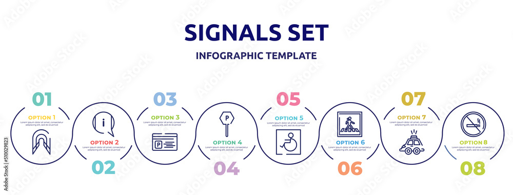 signals set concept infographic design template. included tunnel, information, parking card, parking, handicapped, pedestrian crossing, hackney carriage, forbidden smoking icons and 8 option or