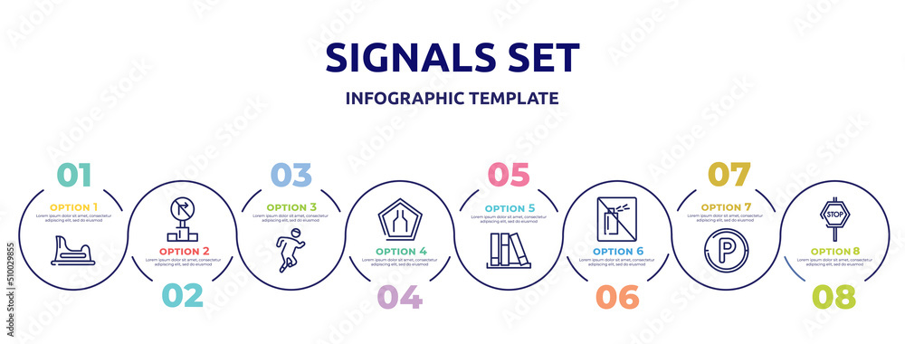 signals set concept infographic design template. included baby toilet, no turn right, running, narrow road, three books, no can, parking hexagonal, stop hexagonal icons and 8 option or steps.