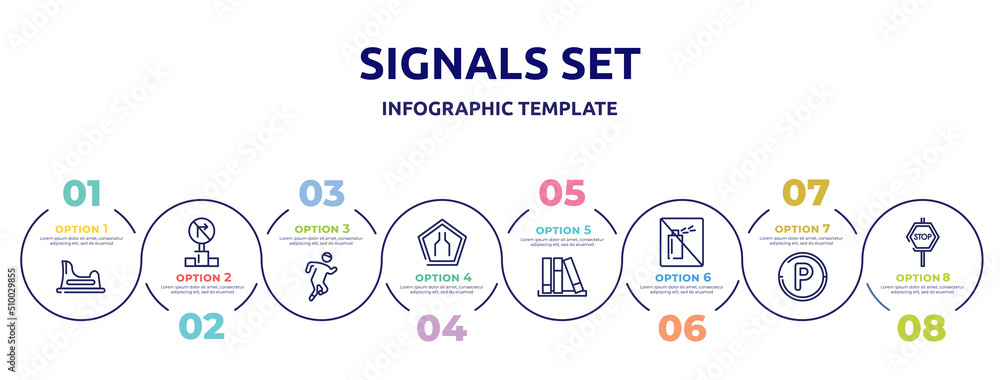 signals set concept infographic design template. included baby toilet, no turn right, running, narrow road, three books, no can, parking hexagonal, stop hexagonal icons and 8 option or steps. signals set concept infographic design template. included baby toilet, no turn right, running, narrow road, three books, no can, parking hexagonal, stop hexagonal icons and 8 option or steps.