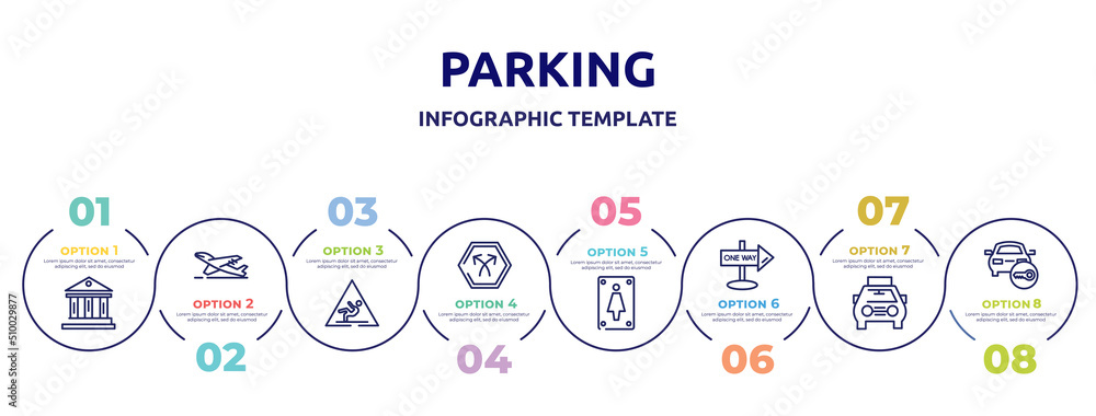 parking concept infographic design template. included museum, take off, wet floot, bifurcation, women toilet, one way street, solar taxi, locked car icons and 8 option or steps. parking concept infographic design template. included museum, take off, wet floot, bifurcation, women toilet, one way street, solar taxi, locked car icons and 8 option or steps.