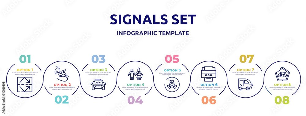 signals set concept infographic design template. included reflective, slip, car frontal view, girl and boy, biohazard risk triangular, portable printer, autorickshaw, ecological bicycle transport signals set concept infographic design template. included reflective, slip, car frontal view, girl and boy, biohazard risk triangular, portable printer, autorickshaw, ecological bicycle transport