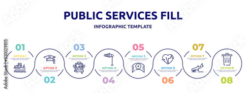 public services fill concept infographic design template. included water taxi, graduate cap, bus front with driver, wind flag, nursing, electrocardiogram inside heart, landing, trash icons and 8