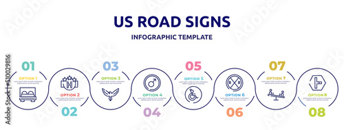 us road signs concept infographic design template. included bed, square hotel, hawk, men, wheelchair side view, railroad crossing, children on teeter totter, t junction icons and 8 option or steps.