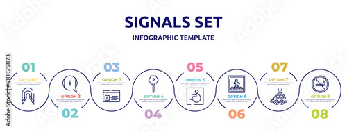signals set concept infographic design template. included tunnel, information, parking card, parking, handicapped, pedestrian crossing, hackney carriage, forbidden smoking icons and 8 option or