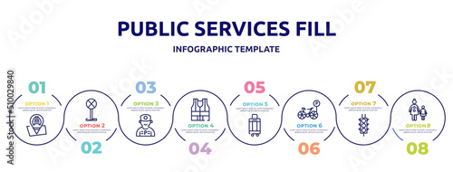 public services fill concept infographic design template. included taxi stop, no stopping, parking worker, high visibility vest, hand luggage, bike parking, semaphore traffic lights, mother and