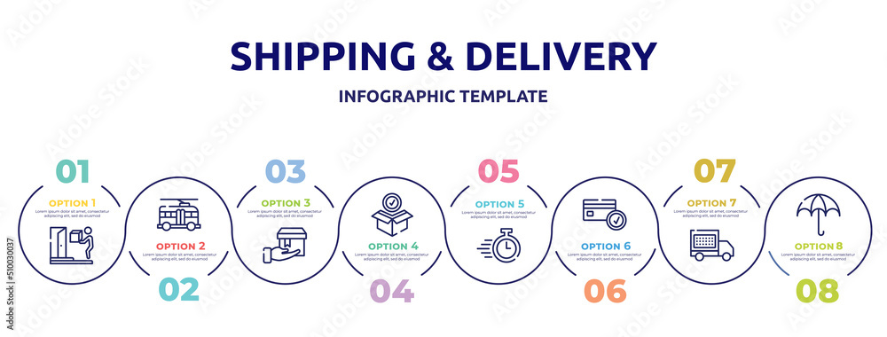 shipping & delivery concept infographic design template. included on door delivery, trolleybuses, delivering, package checking, delivery timer, card check, date, wet protect icons and 8 option or shipping & delivery concept infographic design template. included on door delivery, trolleybuses, delivering, package checking, delivery timer, card check, date, wet protect icons and 8 option or