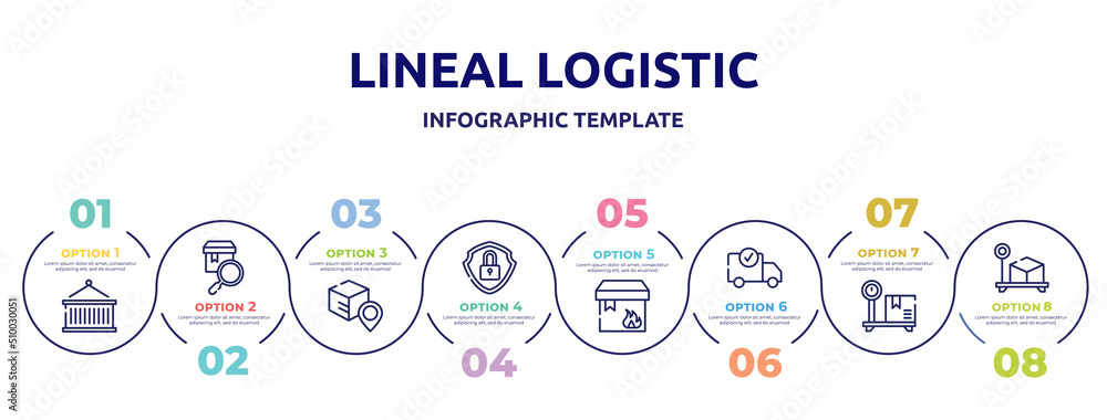 lineal logistic concept infographic design template. included lift package, checking, track package, security, flammable package, delivery check, box on delivery scale, box weight icons and 8 option