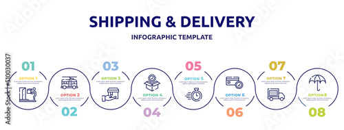 shipping & delivery concept infographic design template. included on door delivery, trolleybuses, delivering, package checking, delivery timer, card check, date, wet protect icons and 8 option or
