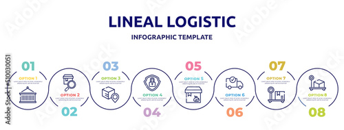 lineal logistic concept infographic design template. included lift package, checking, track package, security, flammable package, delivery check, box on delivery scale, box weight icons and 8 option