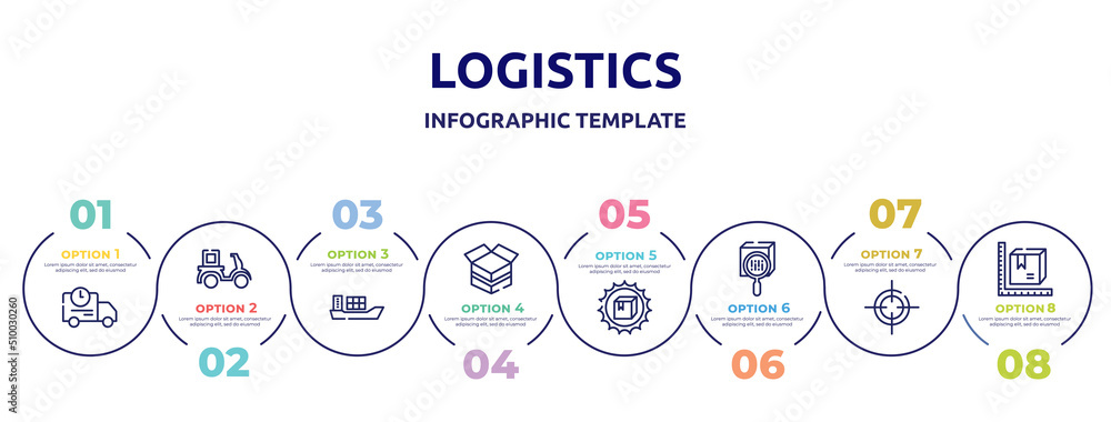 logistics concept infographic design template. included shipping truck, delivery courier, cargo boat, open cardboard box, certified packaging, scan package, centre of gravity, parcel size icons and logistics concept infographic design template. included shipping truck, delivery courier, cargo boat, open cardboard box, certified packaging, scan package, centre of gravity, parcel size icons and