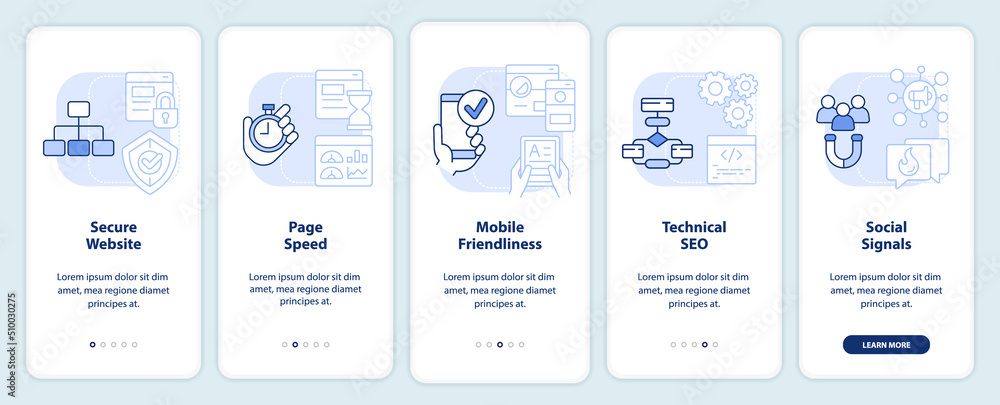 SEO ranking factors light blue onboarding mobile app screen. Walkthrough 5 steps editable graphic instructions with linear concepts. UI, UX, GUI template. Myriad Pro-Bold, Regular fonts used