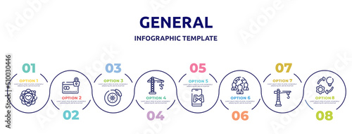 general concept infographic design template. included core values, credit limit, disk brake, building crane, in-game advertising, team, construction crane, implementation icons and 8 option or