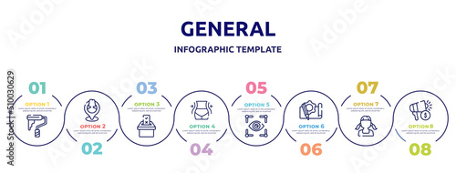general concept infographic design template. included painting work, placement, referendum, weight loss, trackability, prototyping, teenager, marketing budget icons and 8 option or steps.