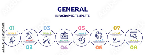 general concept infographic design template. included procurement, user engagement, internet of things, password phishing, realization, job interview, tape measure, sem icons and 8 option or steps.