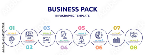 business pack concept infographic design template. included dollar spot, play video, safe locker, duplicate content, big dollar bag, swiss franc coin, seven bars chart, download folder icons and 8